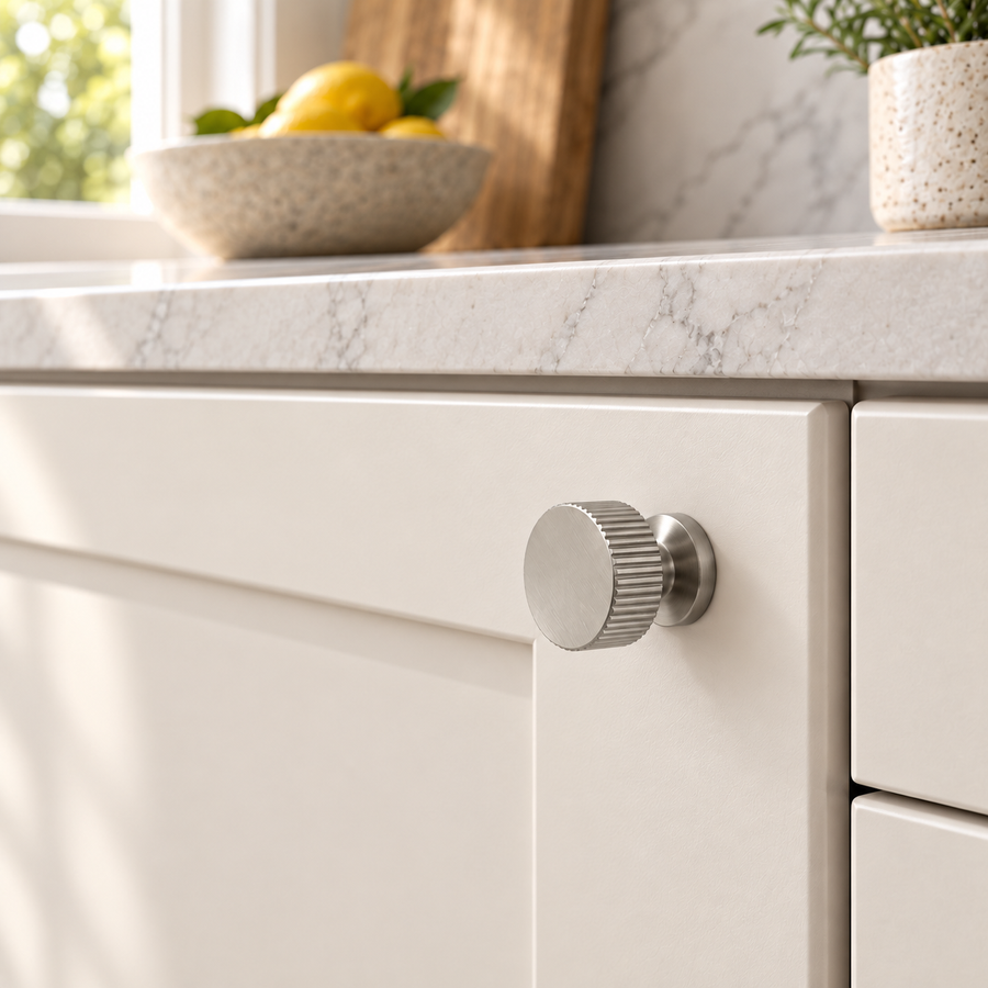 Silver cabinet knob installed on a cabinet