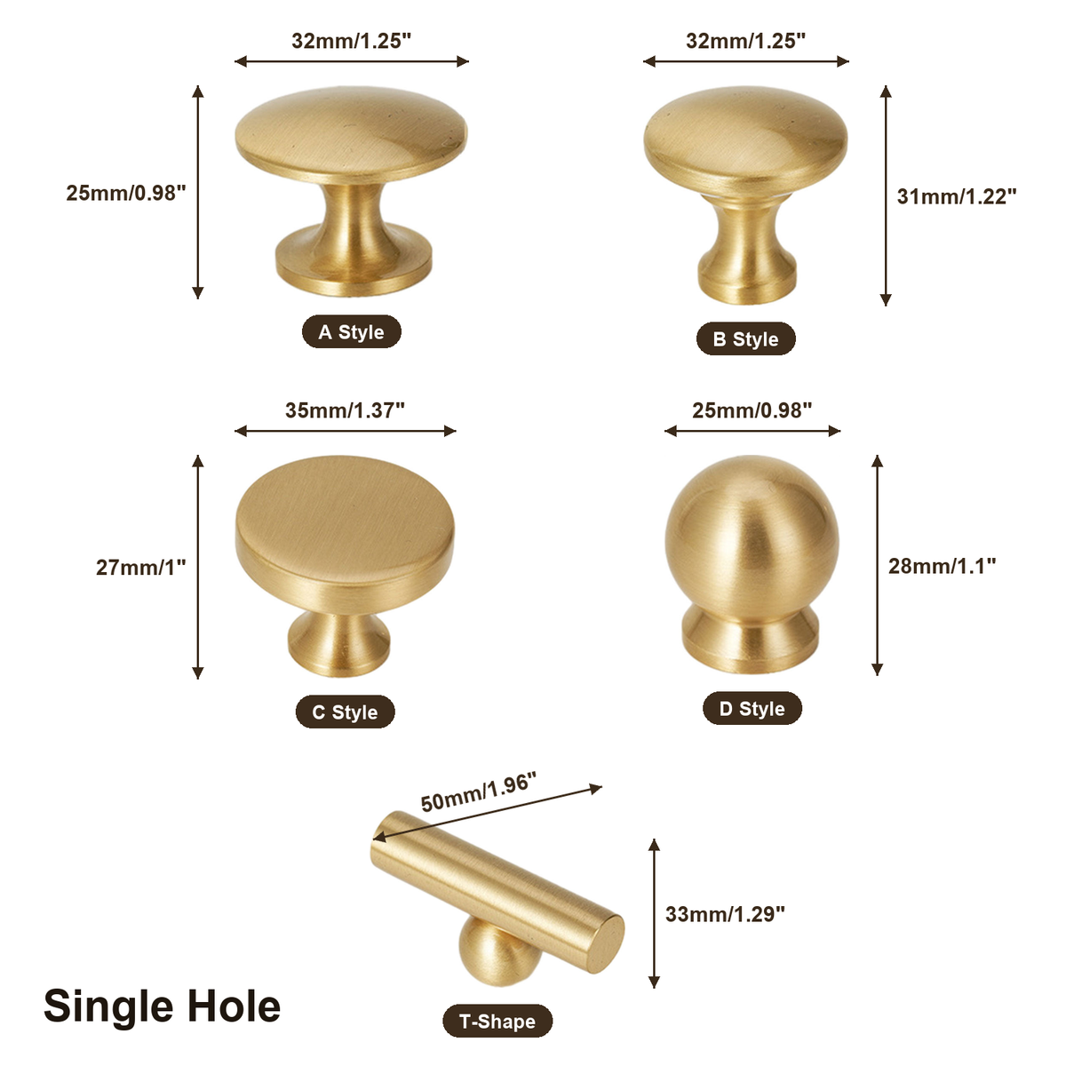 Brushed brass cabinet knob size chart - A, B, C, D and T-Shape single hole