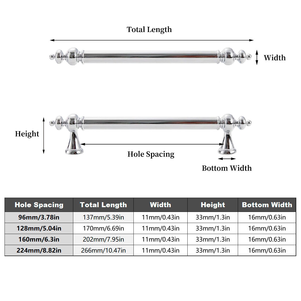 Bright Chrome Brass Cupboard Cabinet Door Pull Handle 96-224mm