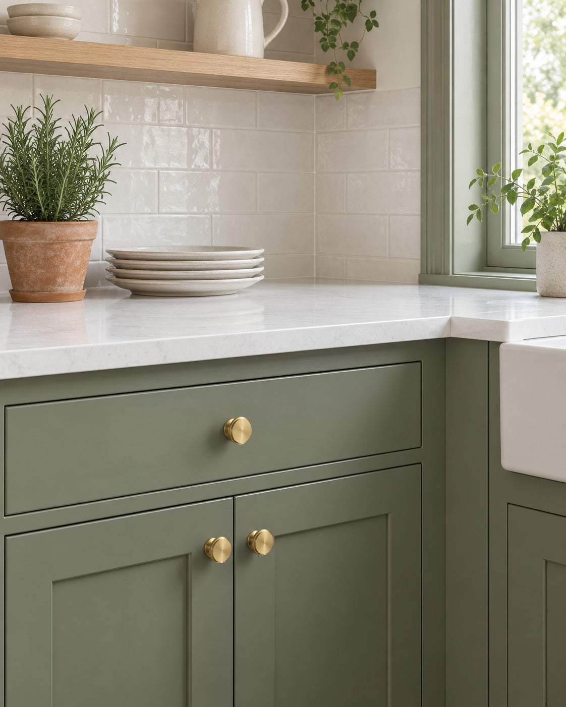 Close-up of round brass cabinet knobs on green kitchen cabinetry