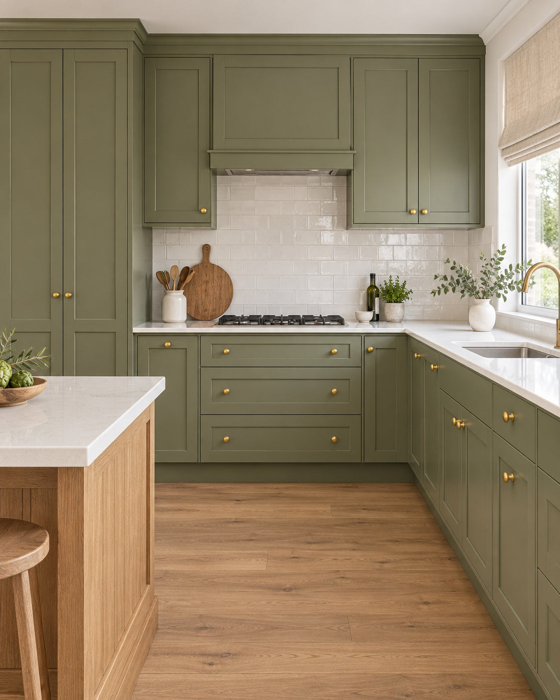 Round brass cabinet knobs fitted to classic green kitchen cabinetry
