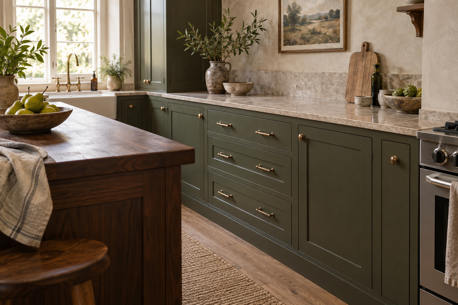 Olive kitchen cabinetry with antique brass handles, dark walnut and warm beige stone.