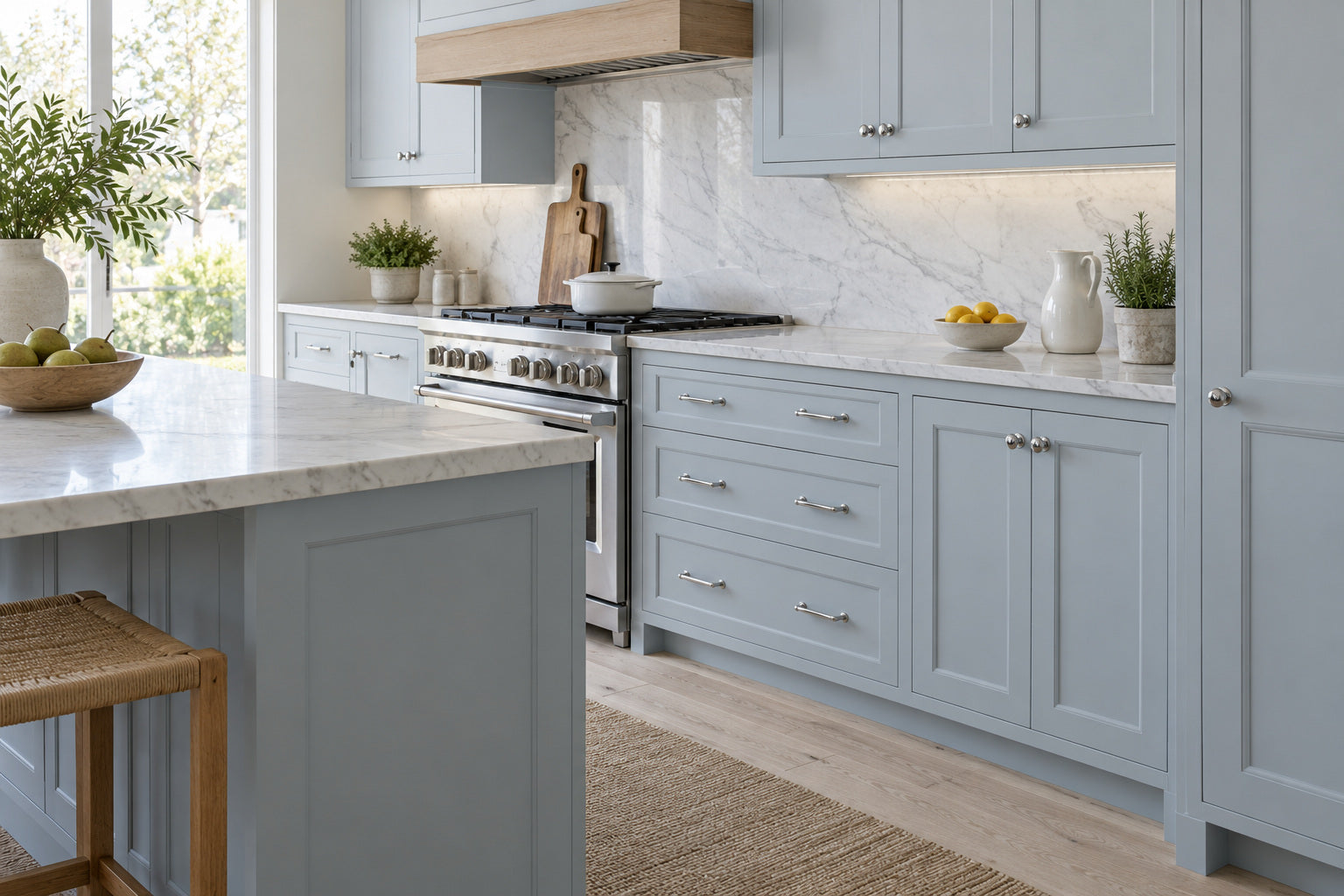 Blue-grey kitchen cabinetry with bright chrome handles and softly veined white stone.