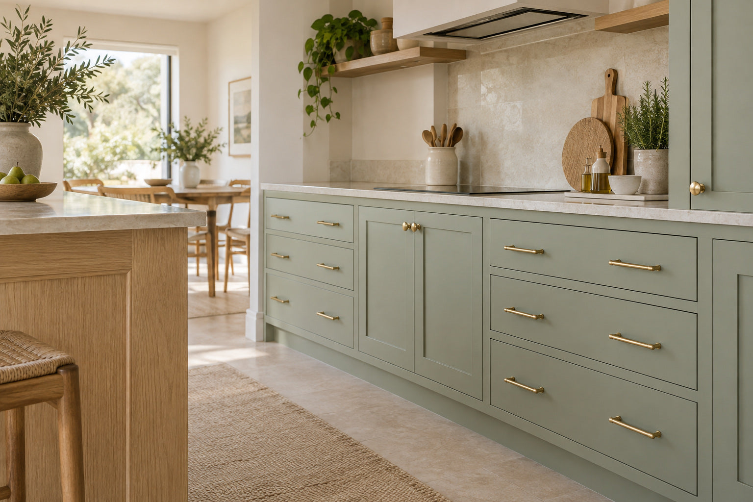 Sage kitchen cabinetry with brushed brass handles, pale oak and cream stone.