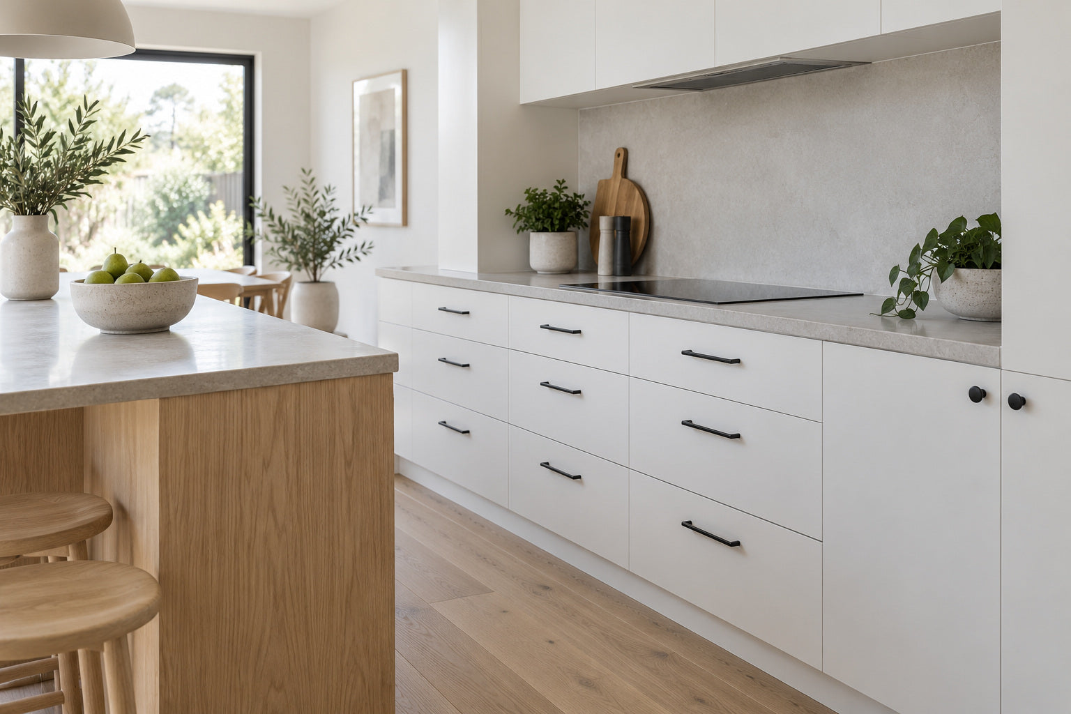 White kitchen cabinetry with matte black handles, pale oak and light grey stone.